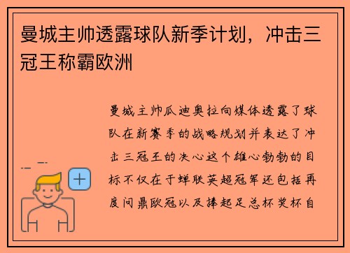 曼城主帅透露球队新季计划，冲击三冠王称霸欧洲